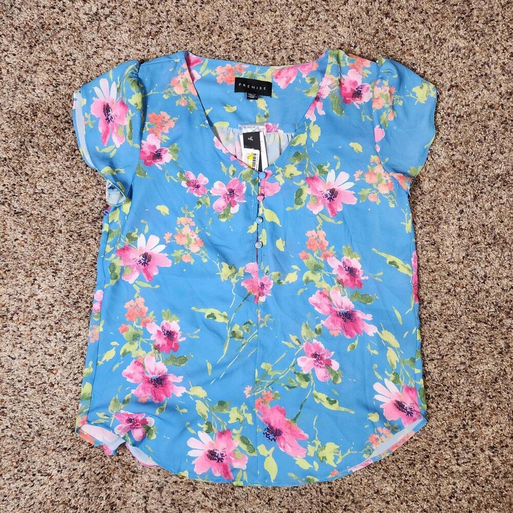 New Womens Premise Top Short Sleeve Shirt Blouse Blue Floral Size XS